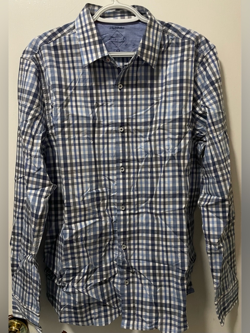 Flag & Anthem Mens Plaid Long Sleeve Button-up Shirt Blue Gray White Size Medium